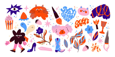 Cartoon groovy stickers set. 90s cute design. botanical elements,stars, pets, flowers,boots. Halloween acid doodle funky set	