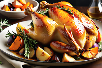 Savory Roasted Chicken Glistening with a Honey Garlic Glaze, Nestled Amidst a Bed of Rosemary Infused Goodness
