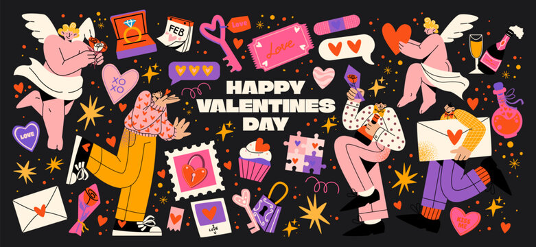 Cartoon poster for St. Valentine's Day on February 14 in retro 90s style. Romantic elements, love envelope, hearts,love, gifts. Vector shapes big set.