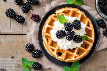 Rustic style wooden background with round waffles topped with fresh blackberries and whipped cream - Powered by Adobe