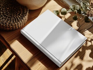Fototapeta premium White book mockup on the table, top view. Notebook