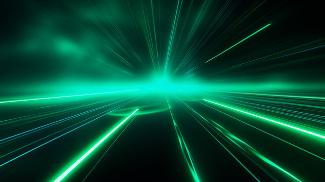 Electric, disco futuristic background with green rays, neon, smoke on a black background.