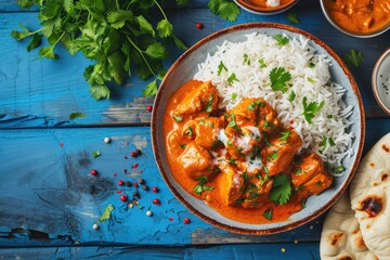 Spicy curry chicken tikka masala with butter chicken rice and naan on blue background - obrazy, fototapety, plakaty