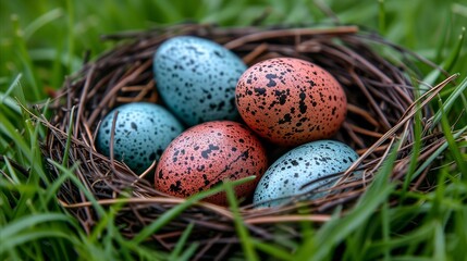 Naklejka na ściany i meble A photo of colorful eggs inside a basket.