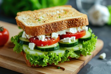 Tomato cucumber feta cheese lettuce on wooden board sandwiched