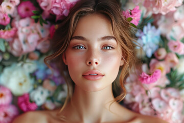 Retrato floral de mujer joven guapa