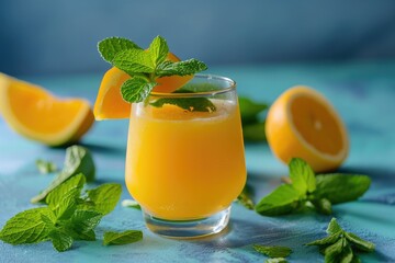 Tropical mango juice with mint in a glass served over a blue background a refreshing summer drink