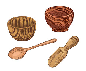 A set of wooden tableware isolated on a white background. Vector illustration.