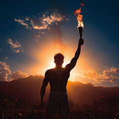 silhouette of a man holding the torch of the olcmpic fire - obrazy, fototapety, plakaty