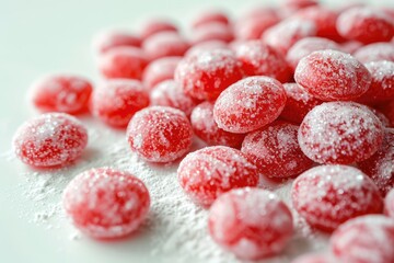 White background with red candies and icing Strawberry sweets with white chocolate Colored icing on round candies A pile of sugar coated almonds
