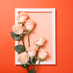 Red fersh roses are in white frame,  peach background, minimal spring concept,flat lay