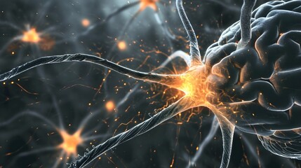 Brain Activity Synapses Firing Off Microscopic Medical Photography On A Grey Background.  (Generative AI). - obrazy, fototapety, plakaty