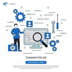 Computer first aid, repair, improvement, bug search flat design style vector concept illustration