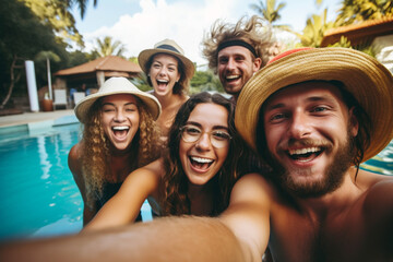 photo of a group of young friends taking a selfie with their mobile phone outside the pool as a souvenir. Image created by AI - obrazy, fototapety, plakaty