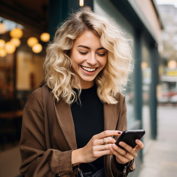 photo of a blonde girl with curly hair smiling at the sight of something on the mobile phone with copy space. Image created by AI