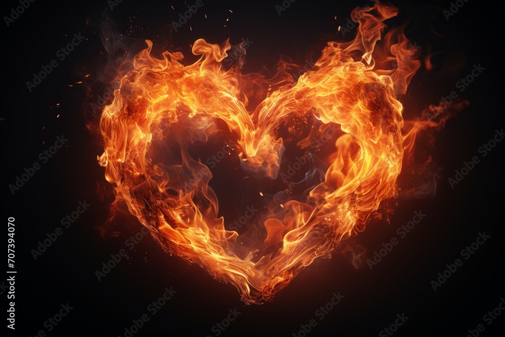 Poster fire flame in the shape of a heart. background with selective focus with copy space