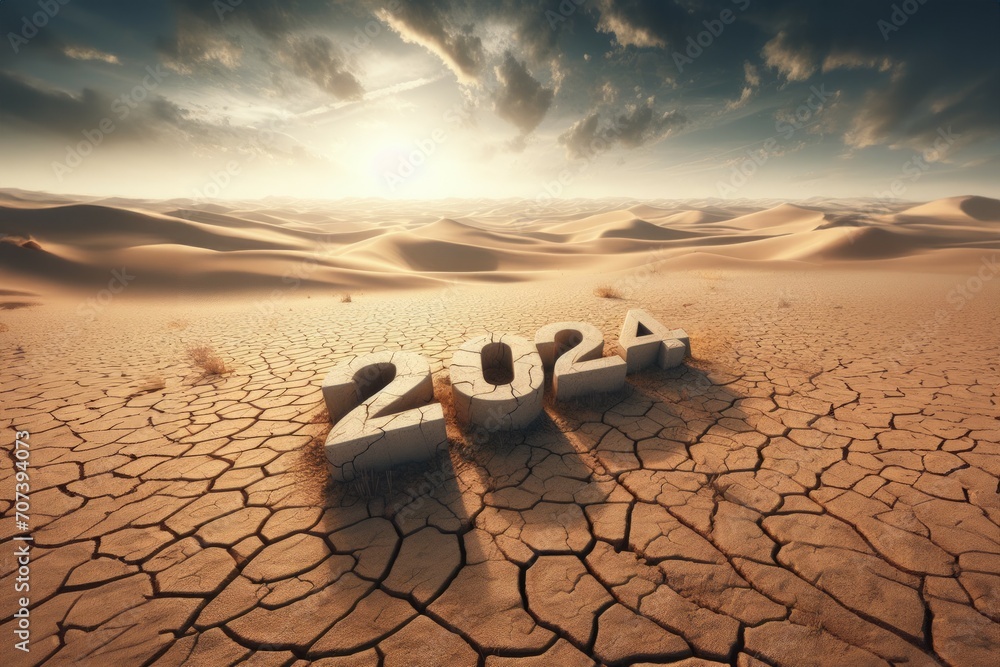 Poster numbers 2024 in the desert, concept of the hottest summer. background with selective focus and copy 