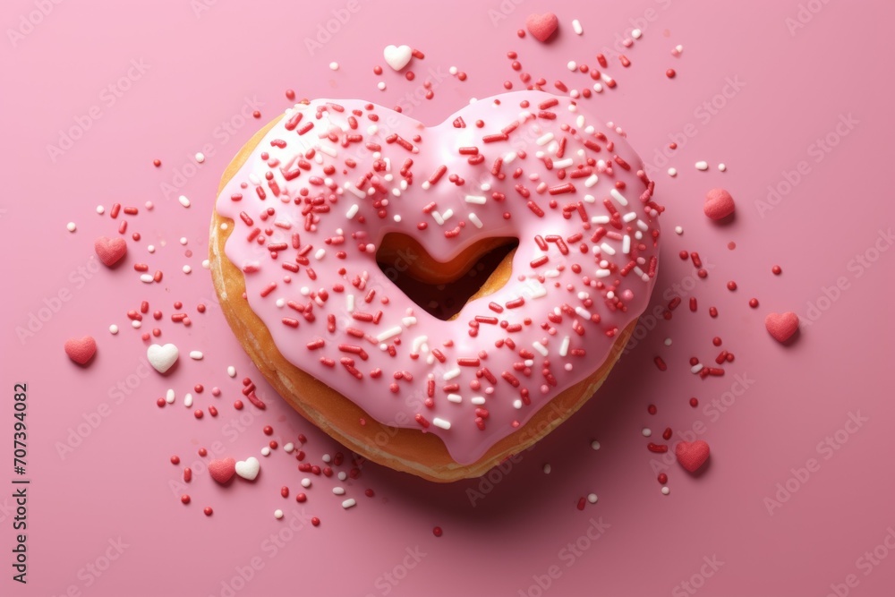 Poster donut in the shape of a heart. background with selective focus and copy space