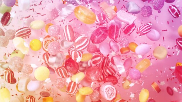 Super Slow Motion Shot of Sweet Colorful Candies Flying and Rotating in the Air at 1000fps.