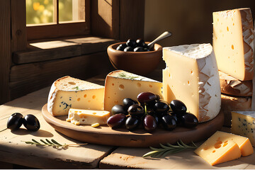 Still Life Featuring an Array of Gourmet Cheeses, Crusty Bread, and a Bowl of Ripe Olives Bathed in Natural Radiance