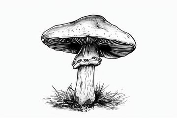Black and white drawing or illustration of a mushroom. Background with selective focus and copy space - obrazy, fototapety, plakaty