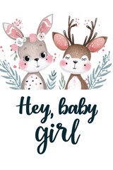 Obraz na płótnie Canvas Baby shower card with cute baby deer and bunny for a little girl