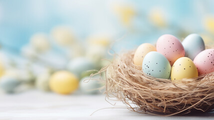 Naklejka na ściany i meble colored Easter eggs in a nest in light colors. Happy Easter greeting card.