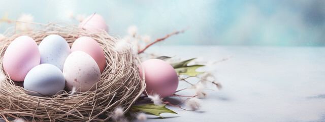 colored Easter eggs in a nest in light colors. Happy Easter greeting card.