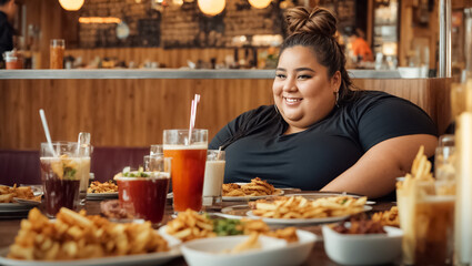 Portrait of a very fat woman in a cafe