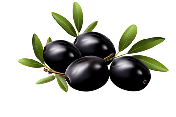 a group of black fruits with leaves