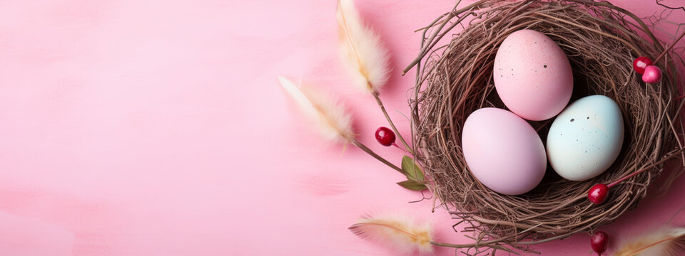 colored easter eggs in a nest on a pink background. Happy Easter greeting card.