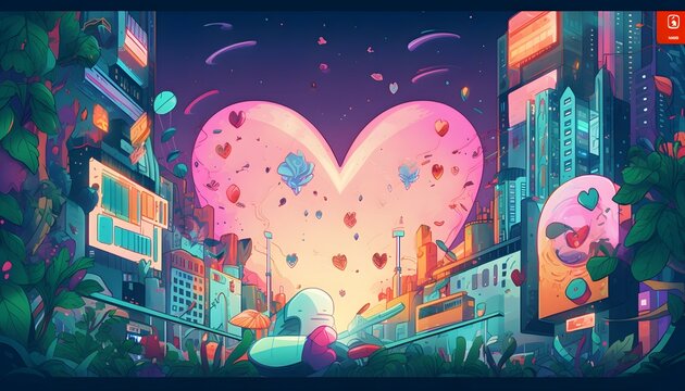Draw a flat illustration of the future world of cyberpunk in the shape of a love heart, colorful and bold, hand-painted flat style, with a love heart in the center,