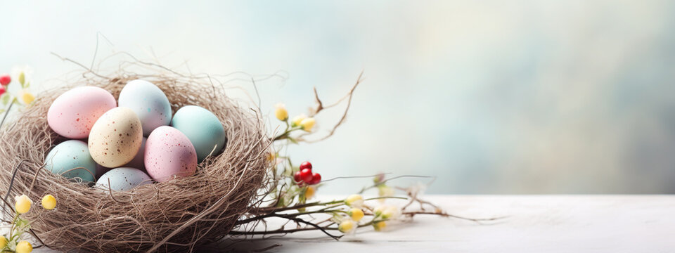 Nests with quail Easter eggs on a soft blue wooden background.