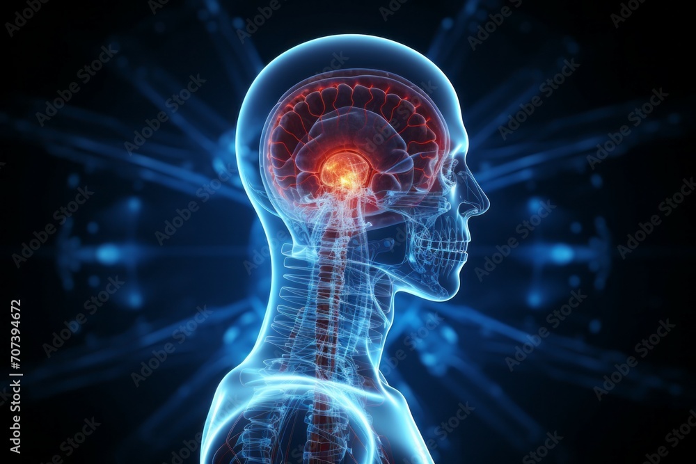 Poster hologram of the human brain. background with selective focus and copy space
