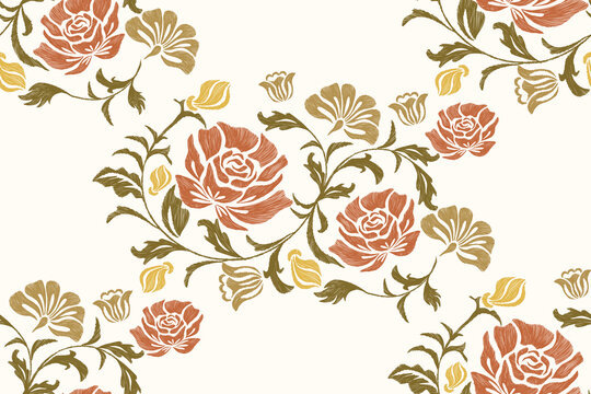 Ethnic Rose Floral pattern seamless paisley embroidery border flower motifs. Vintage Ikat pattern Europe design. Bohemian orange colour vector illustration design .