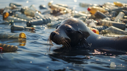 fur seals in the water among plastic bottles and garb.
