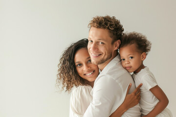 A joyful and playful portrait of a family against a white background.