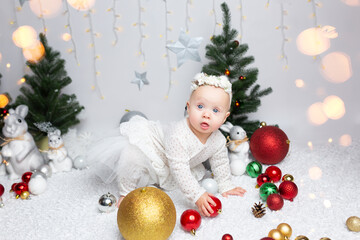 children's New Year's photo shoot. Christmas baby. Christmas card with baby