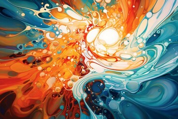 Abstract water artwork with swirling colors, rippling waves, and droplets. Generative AI