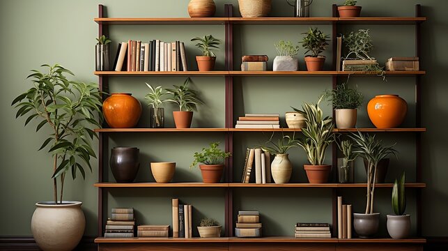 Bookshelf with plants modern decor for virtual office backgrounds, studio backdrop, print large on a back wall : Generative AI