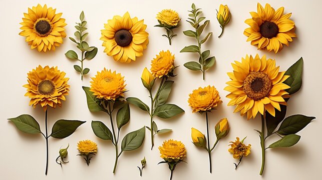 Yellow sunflower flower with leaves collection isolated on white background. Flowers in summer garden. Creative layout. Design element. Top view, flat lay : Generative AI