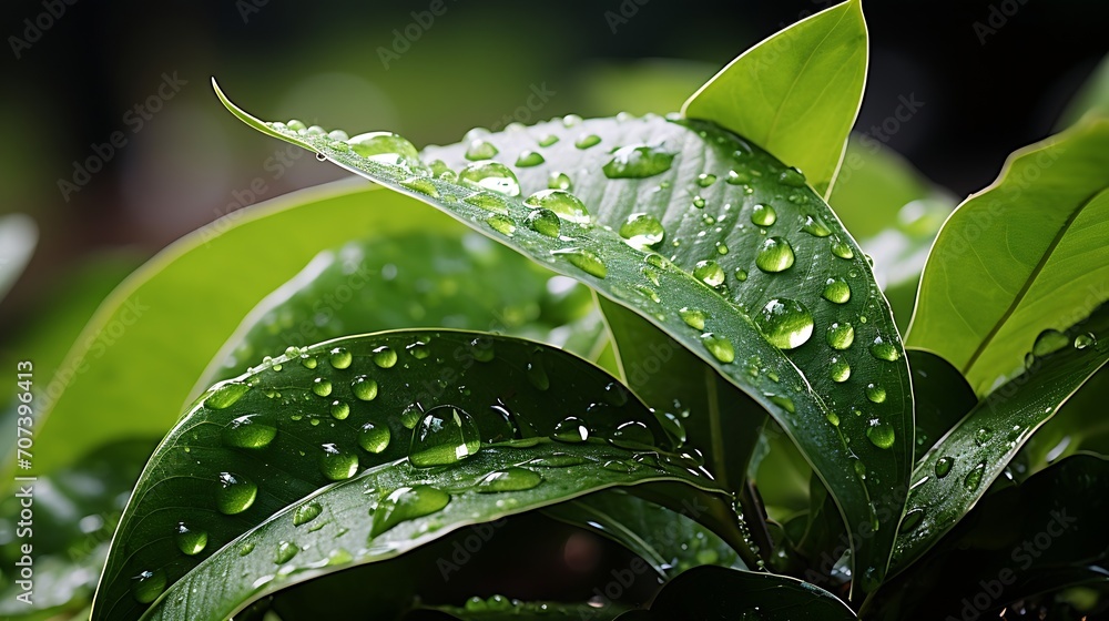 Poster a beautiful fresh green leaf covered with raindrops and highlighted by the sun. the plant has a beau