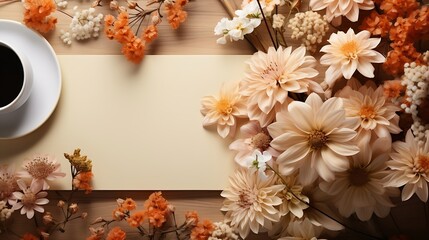 Flat lay, top view office table desk. feminine desk workspace frame with twine, pencils, floral bouquet, craft diary and clips on white background. : Generative AI