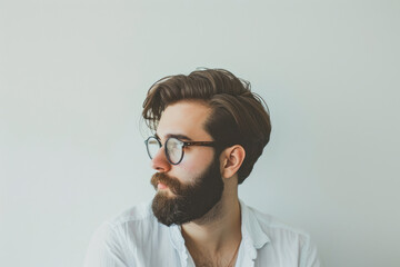 Thoughtful bearded artist at work, a creative portrait capturing an artist in a thoughtful moment against a white background.