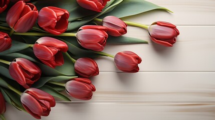 Beautiful red tulips on white background with copy space for text. Top view, flat lay : Generative AI