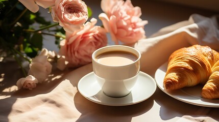 Card mockup in breakfast still life scene with copy space.Cup of coffee, croissant , daisy flowers in a vase top view on beige desk with sunlight shadows. Feminine lifestyle compositio : Generative AI - obrazy, fototapety, plakaty