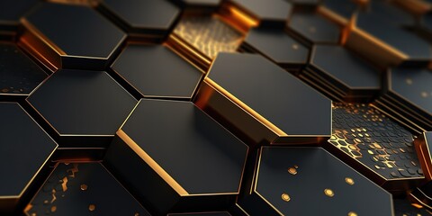 The embossed hexagonal background is black and gold - obrazy, fototapety, plakaty