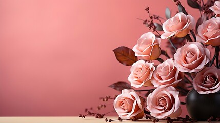 Pastel tea rose flowers on pink background. Floral background. Minimal floral concept. Flat lay, top view. : Generative AI