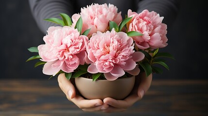 Small bouquet of lush pink peony flowers in female hand with manicure on white background, flat lay. : Generative AI