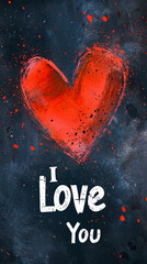 I Love You banner with red heart on black background in spattered paint distressed urban style.